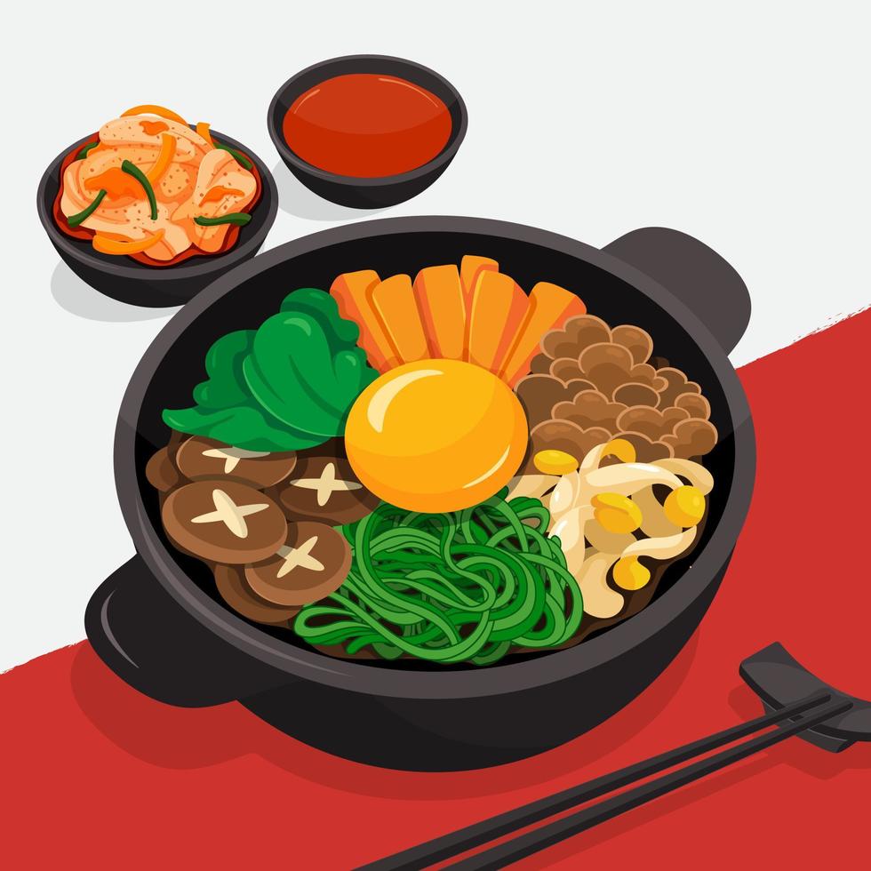 bol de riz coréen rempli d'un assortiment de légumes, vecteur d'illustration d'oeufs et de viande. recette de bibimbap.