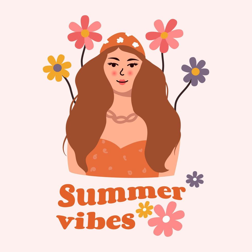 belle femme aux cheveux bruns sur fond de fleurs et texte d'ambiance estivale. concept de vecteur de couleurs vives pour l'été.