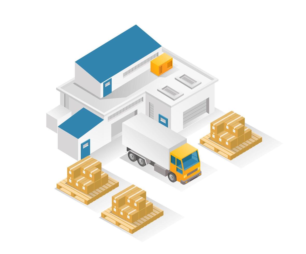 concept d'illustration isométrique à plat. camions d'entrepôt et de livraison vecteur