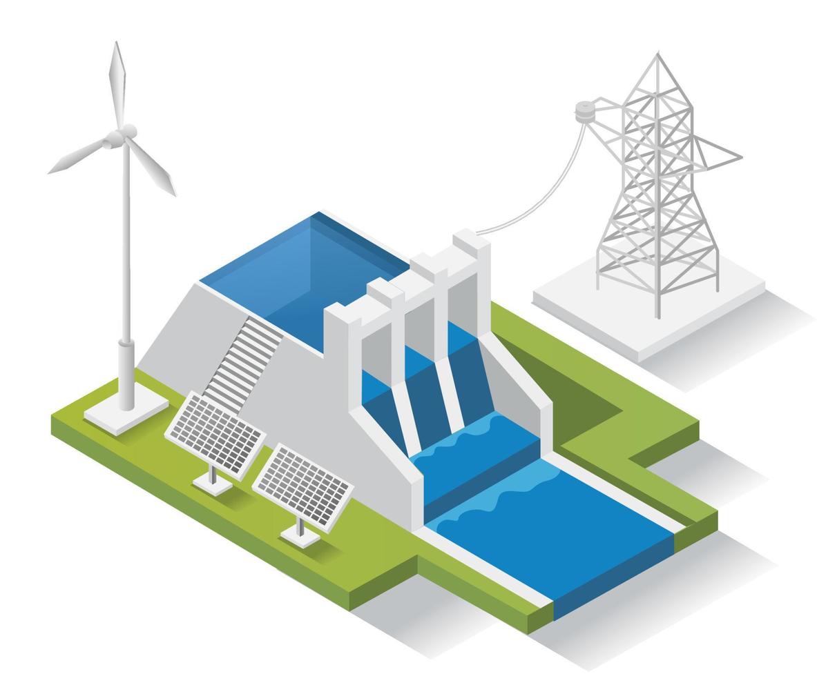 illustration de concept de conception isométrique. panneaux solaires avec barrages vecteur