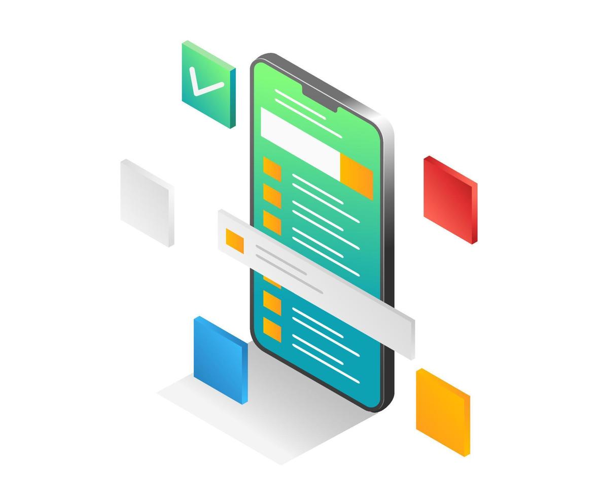 concept d'illustration isométrique à plat. la facilité d'utilisation de l'application smartphone vecteur