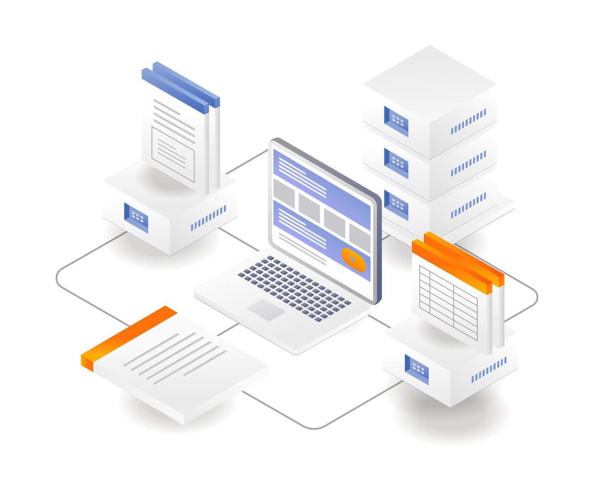 concept d'illustration isométrique à plat. ordinateur avec serveur de données vecteur