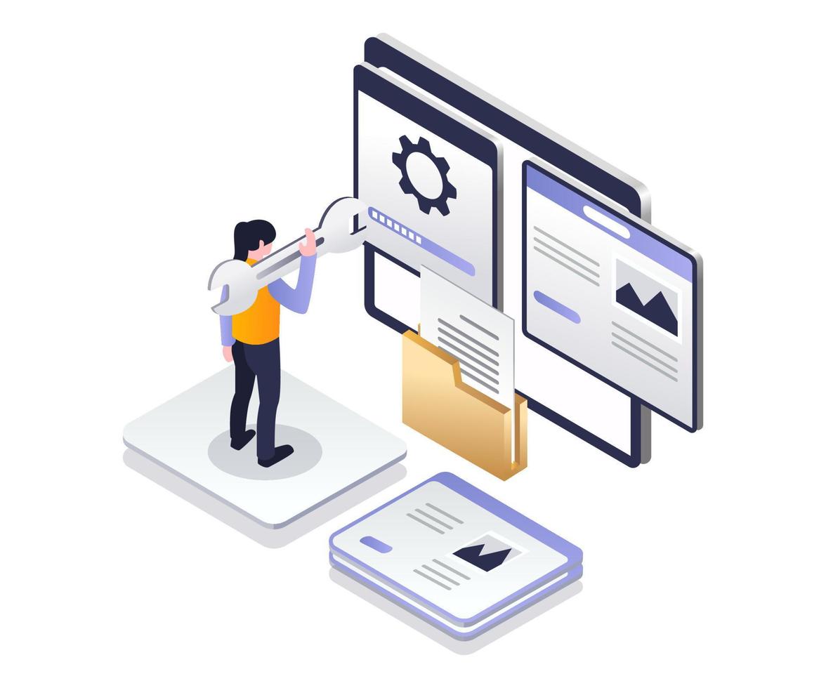 concept d'illustration isométrique à plat. installer des plugins dans les modèles wordpress et l'application Web vecteur