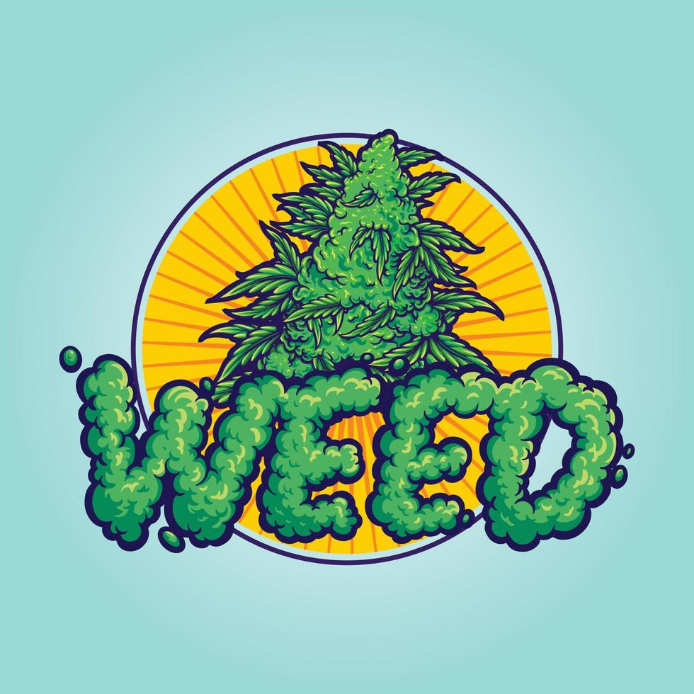 lettrage de mot de fumée de mauvaises herbes avec feuille de cannabis vecteur