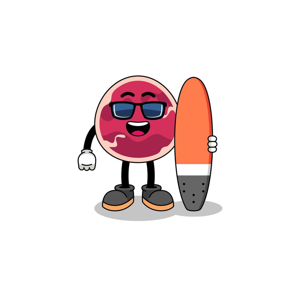 caricature de mascotte de viande en tant que surfeur vecteur