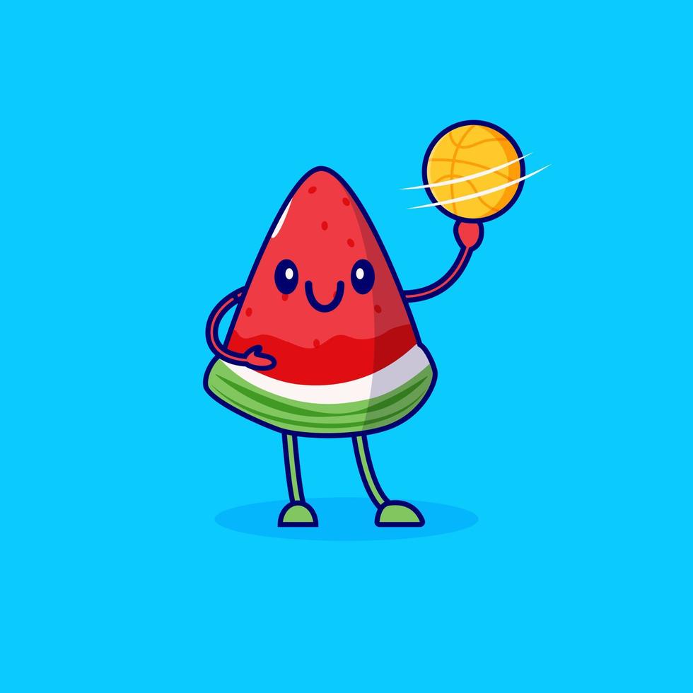 dessin animé mignon pastèque jouant au ballon de basket vecteur