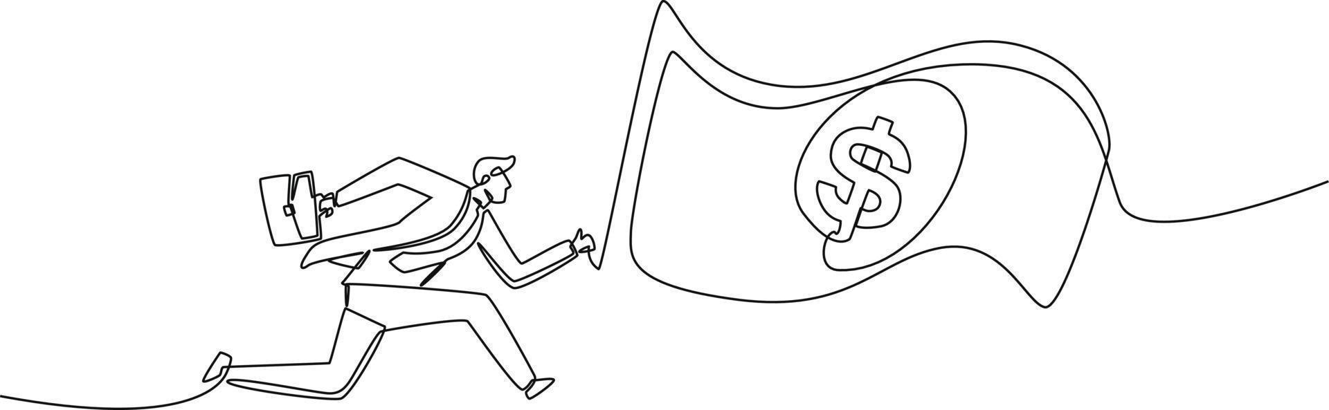 dessin en ligne continu d'un homme d'affaires avec une valise qui court et attrape de l'argent. financement et investissement. illustration graphique vectorielle de dessin à une seule ligne. vecteur