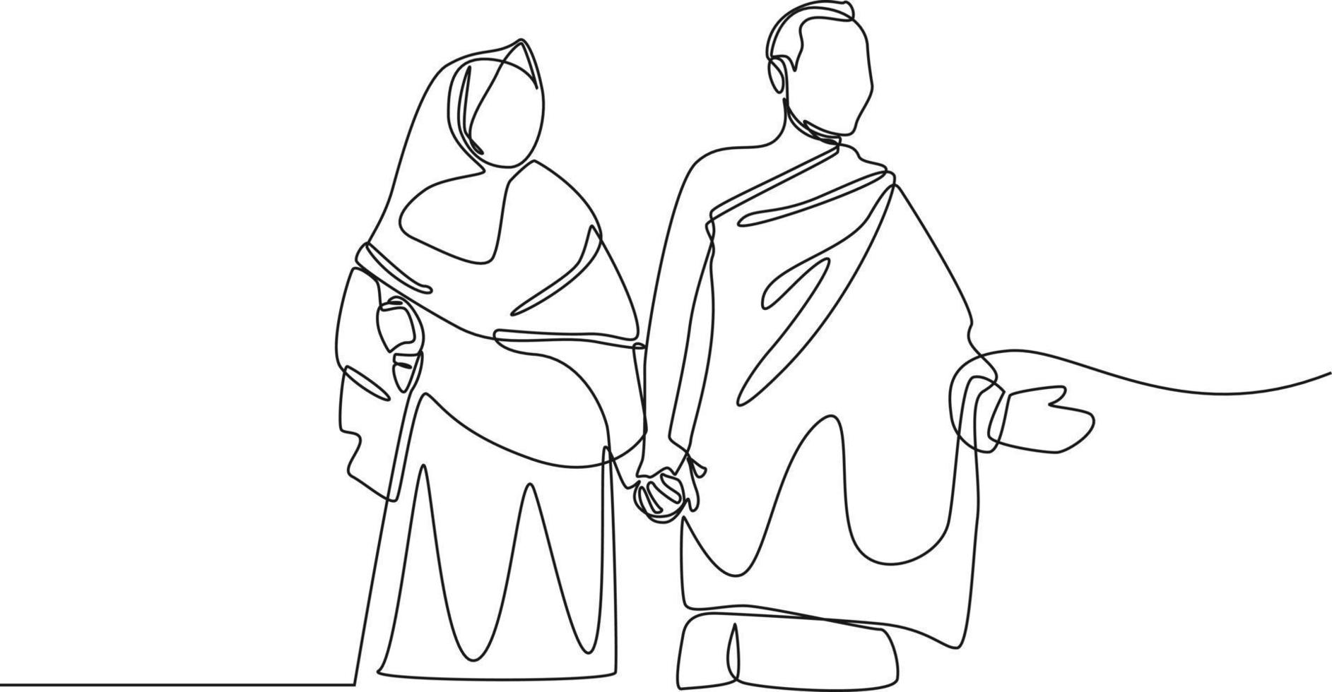 continu une ligne dessinant des couples musulmans femme et mari portant des vêtements traditionnels blancs pour l'ihram prêt pour le hajj. concept de hajj et umrah. illustration graphique vectorielle de dessin à une seule ligne. vecteur