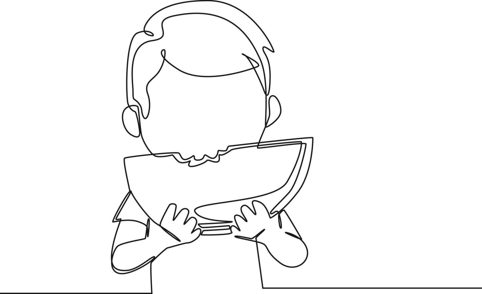 un dessin en ligne continu d'un garçon mangeant des fruits de pastèque. fête d'été. illustration graphique de conception de dessin à une seule ligne. vecteur