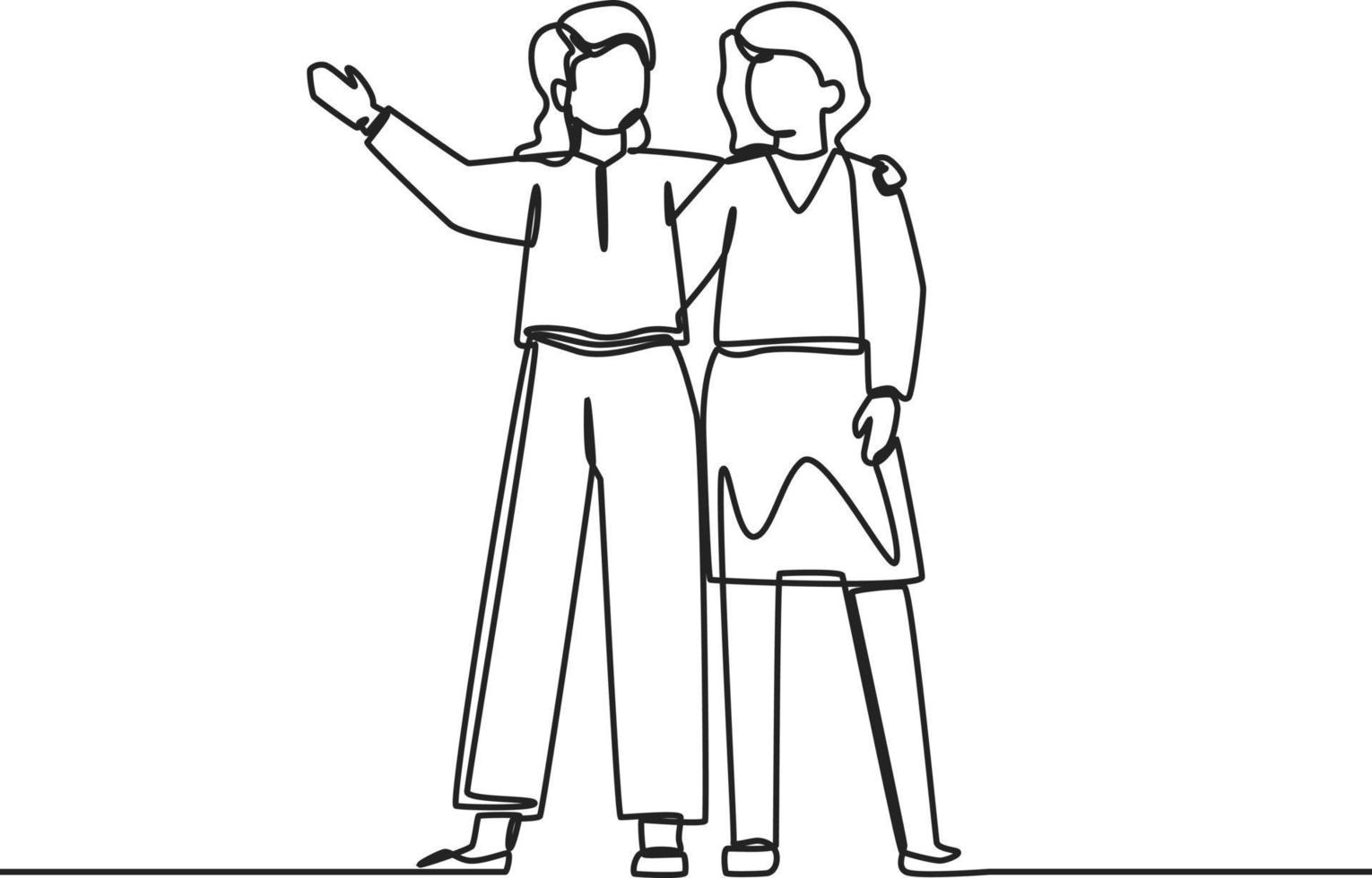 un dessin en ligne continue de deux jeunes femmes debout ensemble et posant l'une contre l'autre. jour de l'amitié. illustration graphique vectorielle de dessin à une seule ligne. vecteur