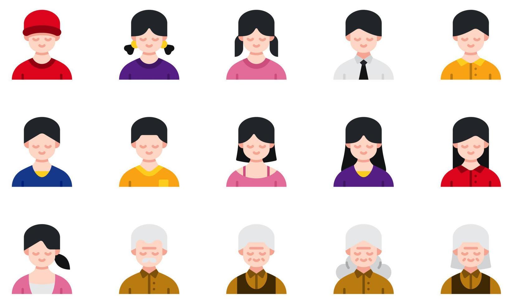 ensemble d'icônes vectorielles liées aux avatars. contient des icônes telles que garçon, fille, homme, femme, vieil homme, vieille femme et plus encore. vecteur