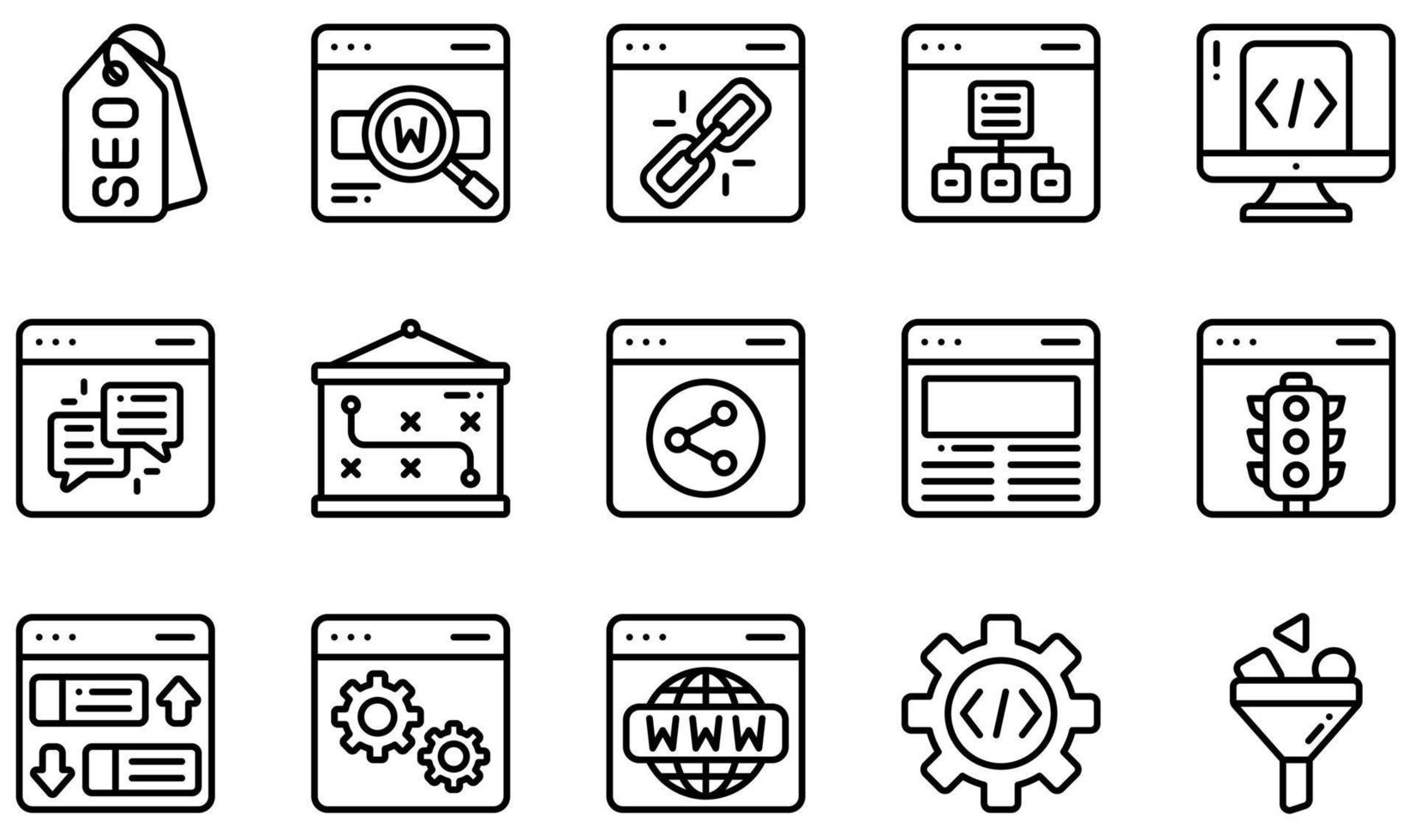 ensemble d'icônes vectorielles liées au référencement et au marketing. contient des icônes telles que la balise de référencement, les mots clés, le plan du site, les commentaires, le trafic, le classement, etc. vecteur