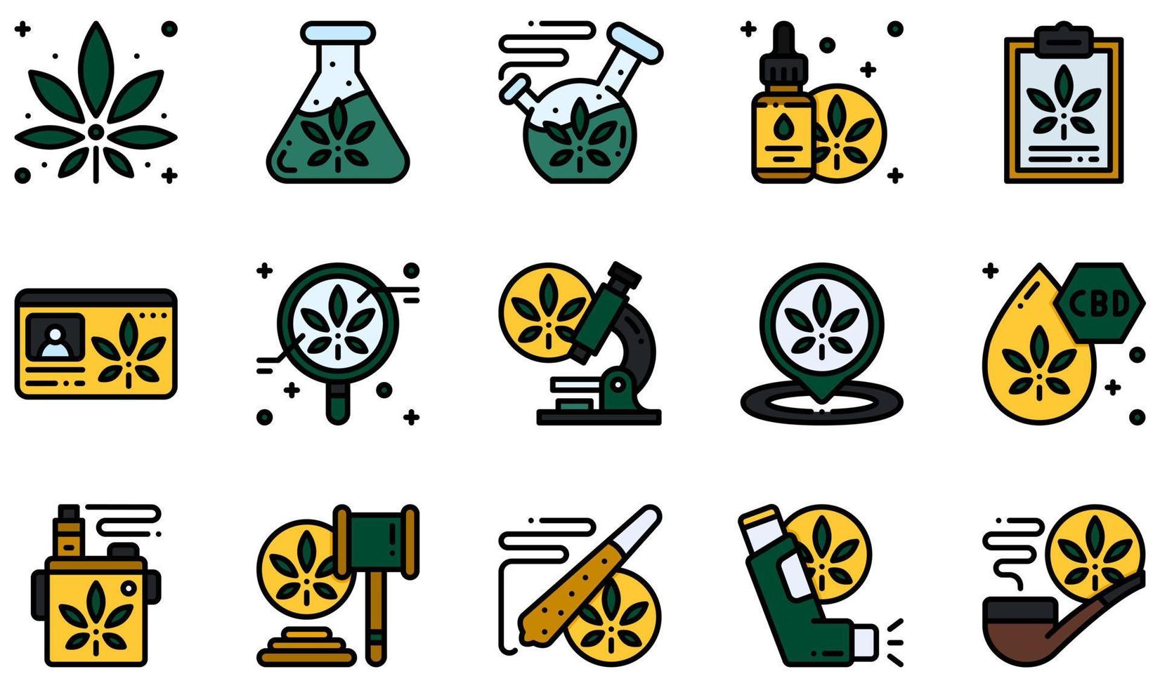 ensemble d'icônes vectorielles liées au cannabis. contient des icônes telles que le cannabis, le bong, l'huile de cannabis, l'huile de cbd, la vape, l'inhalateur et plus encore. vecteur