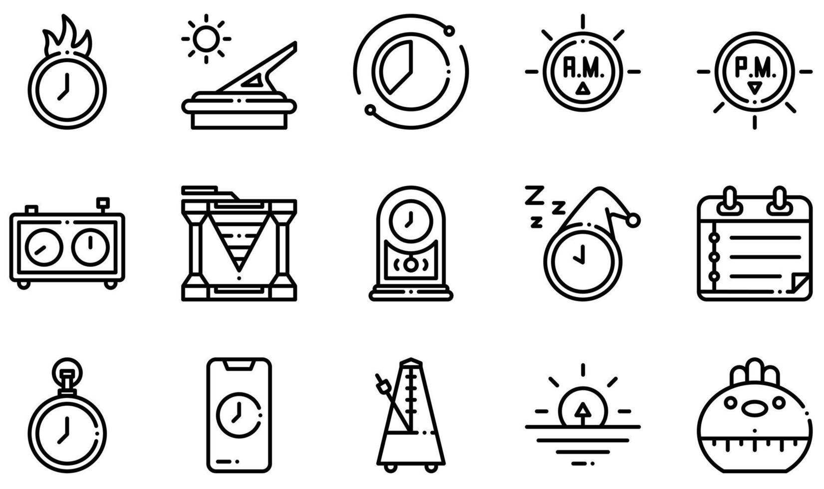 ensemble d'icônes vectorielles liées au temps. contient des icônes telles que la date limite, le cadran solaire, le laps de temps, l'horloge d'échecs, l'horloge à eau, l'horloge à pendule et plus encore. vecteur