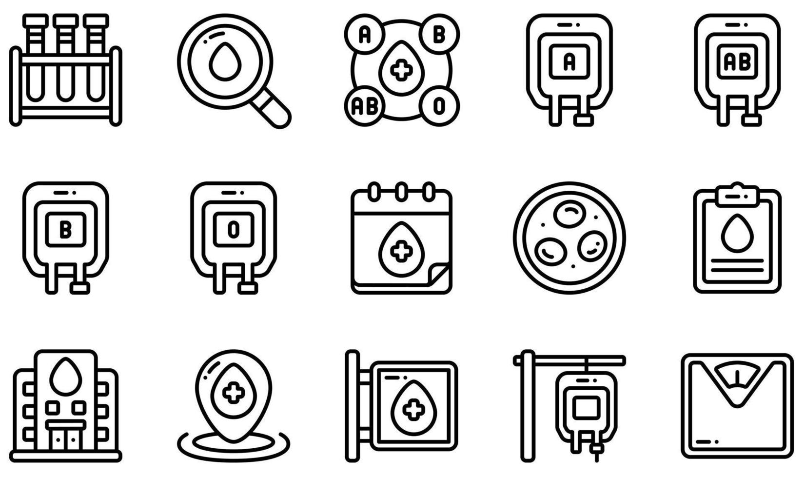 ensemble d'icônes vectorielles liées au don de sang. contient des icônes telles que test sanguin, calendrier, érythrocytes, rapport de santé, transfusion, poids et plus encore. vecteur