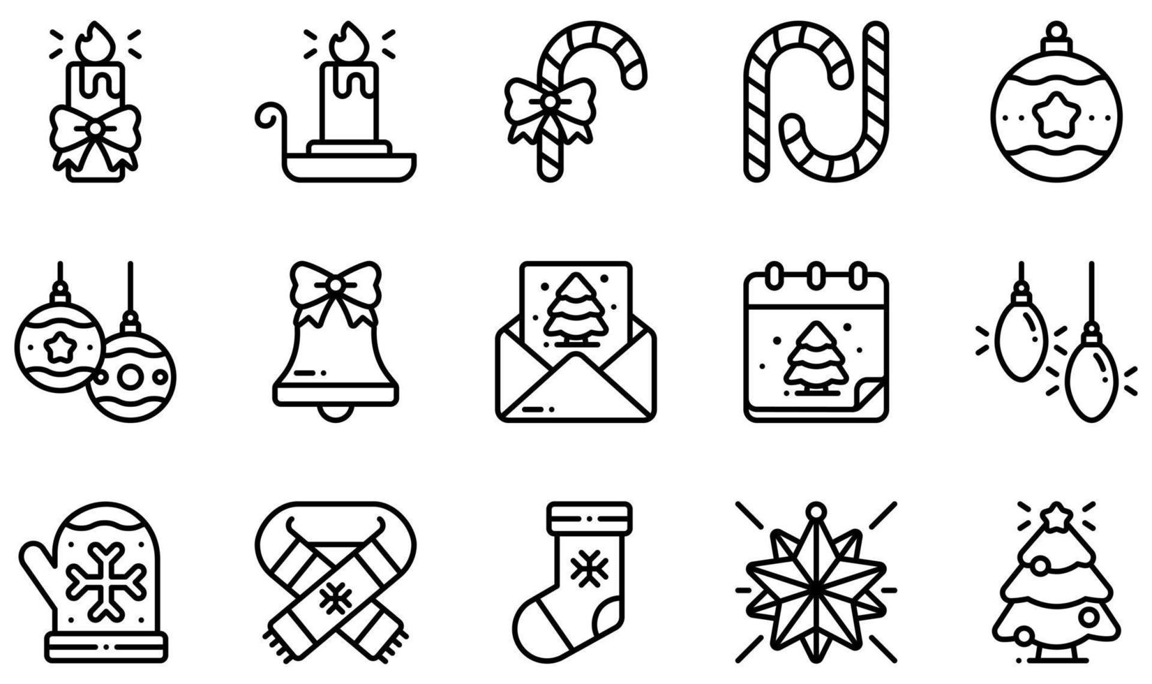 ensemble d'icônes vectorielles liées à la décoration de Noël. contient des icônes telles que bougie, bougeoir, canne en bonbon, cloche de Noël, carte de Noël, écharpe de Noël et plus encore. vecteur