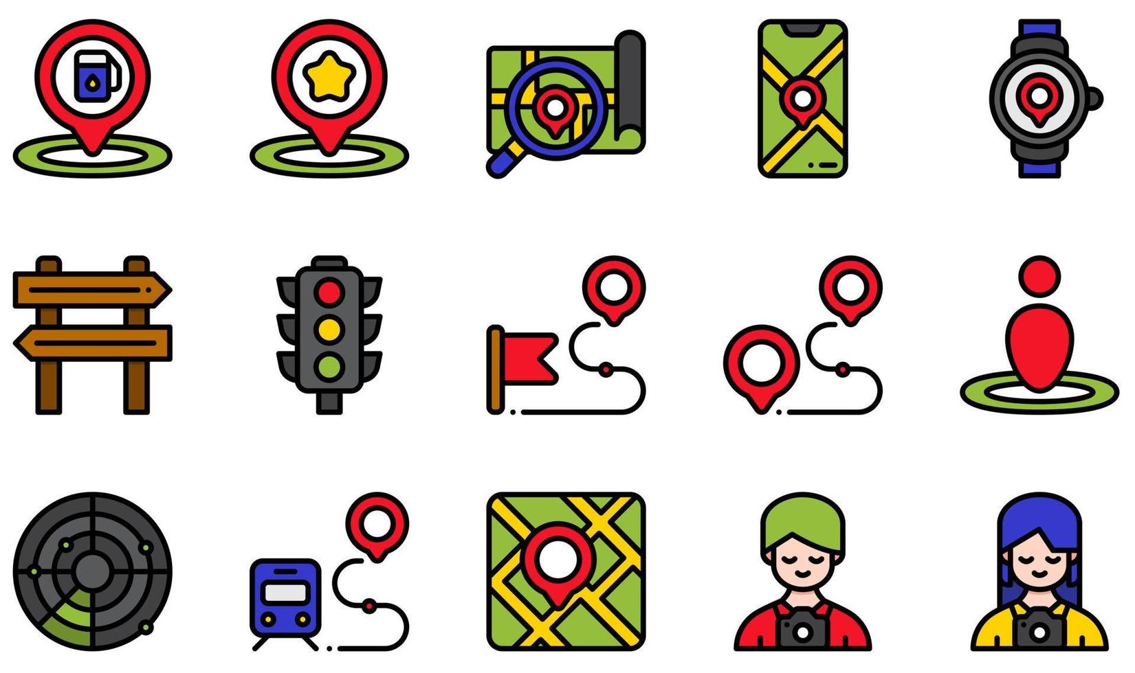 ensemble d'icônes vectorielles liées aux cartes et à la navigation. contient des icônes telles que note, recherche, téléphone, montre, itinéraire, touriste et plus encore. vecteur