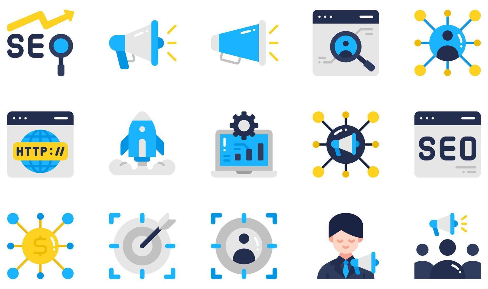 ensemble d'icônes vectorielles liées au référencement et au marketing. contient des icônes telles que le référencement, le mégaphone, le mégaphone, les médias sociaux, le site Web, le marketing social, etc. vecteur