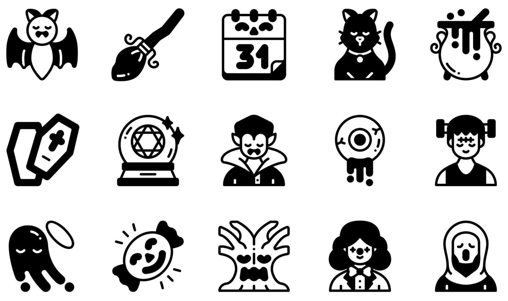 ensemble d'icônes vectorielles liées à halloween. contient des icônes telles que chauve-souris, manche à balai, chat, cercueil, boule de cristal, fantôme et plus encore. vecteur