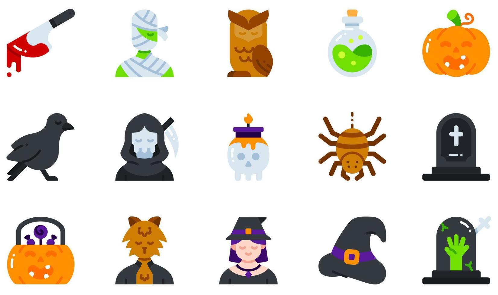 ensemble d'icônes vectorielles liées à halloween. contient des icônes telles que couteau, momie, hibou, citrouille, moissonneuse, sorcière et plus encore. vecteur