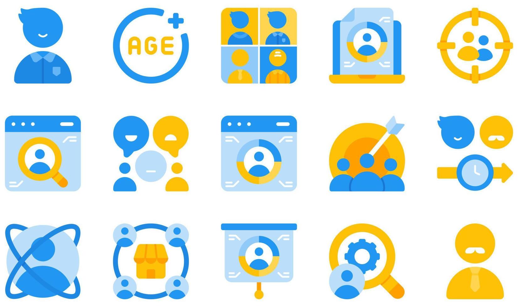 ensemble d'icônes vectorielles liées à l'étude de marché. contient des icônes telles que l'adulte, l'âge, le groupe d'âge, la recherche sur les consommateurs, le comportement des clients, le groupe de discussion et plus encore. vecteur