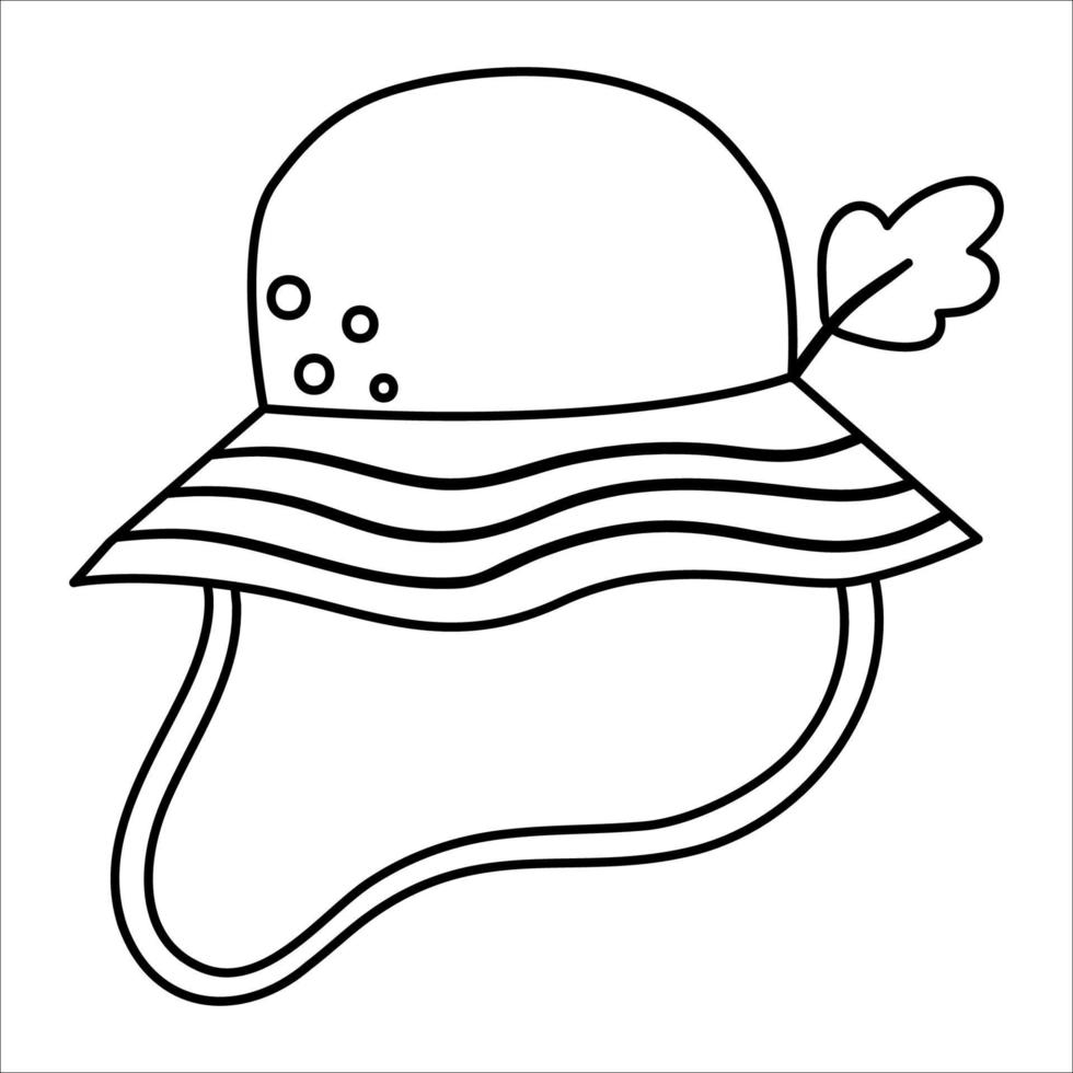 illustration vectorielle de chapeau panama noir et blanc d'été. icône de casquette avec feuille de chêne. tenue de tête de randonnée ou de camping isolée sur fond blanc. décrire les vêtements pour les vacances actives en plein air et le tourisme vecteur