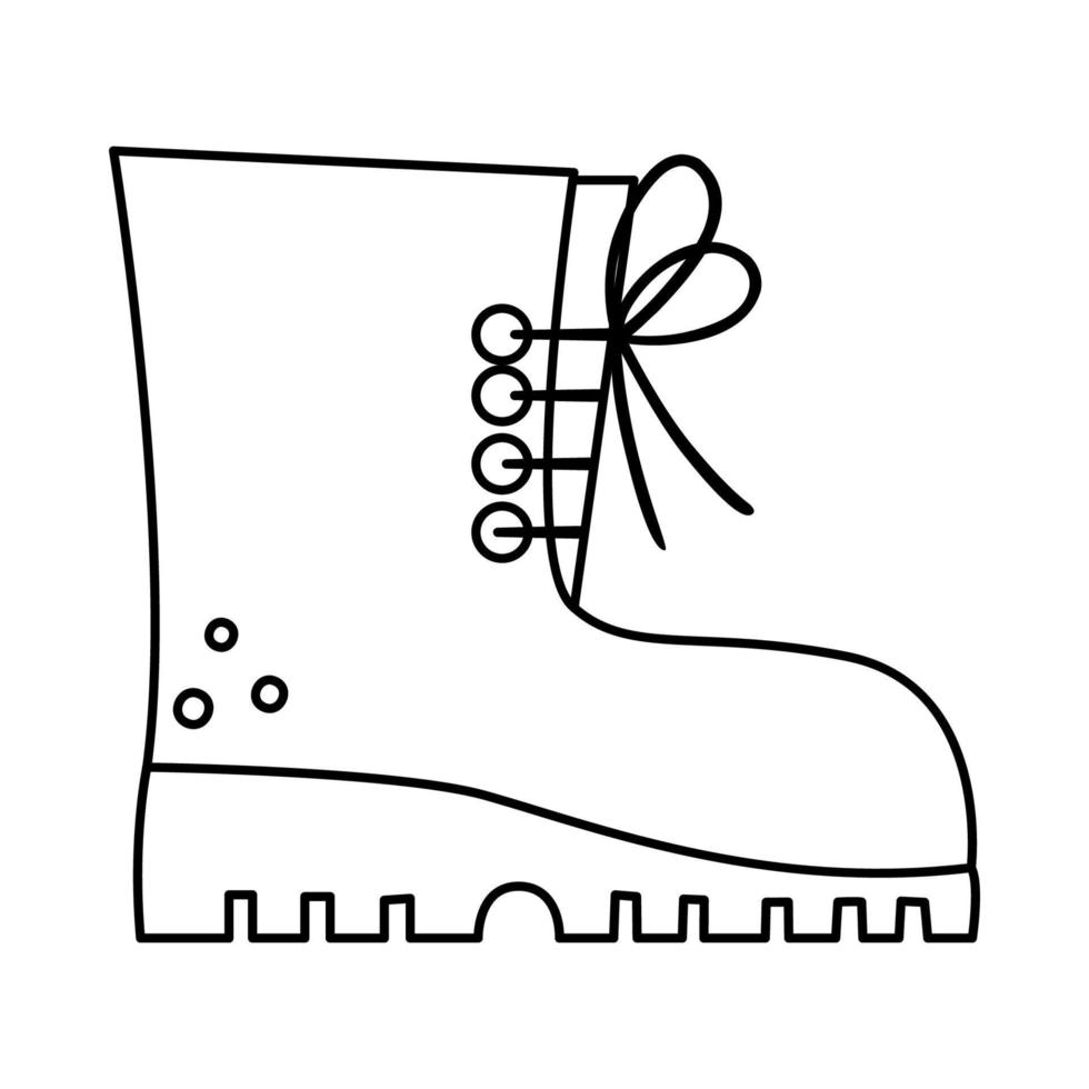 illustration vectorielle de botte touristique noir et blanc. icône de chaussure de randonnée en ligne avec lacets. chaussures de camping isolées sur fond blanc. décrire les vêtements pour les vacances actives en plein air et le tourisme. vecteur