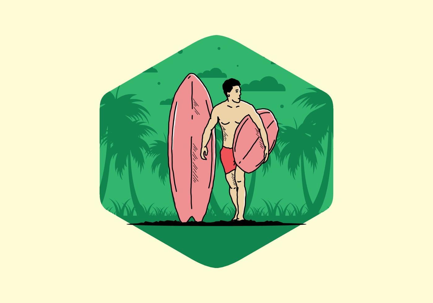 l'homme torse nu tenant une illustration de planche de surf vecteur