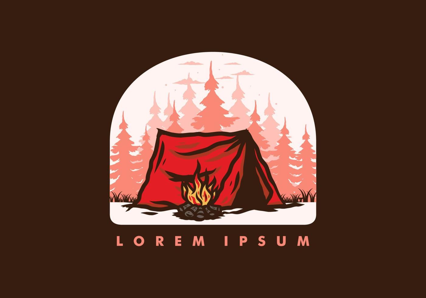 camping en forêt avec insigne d'illustration de feu de joie vecteur