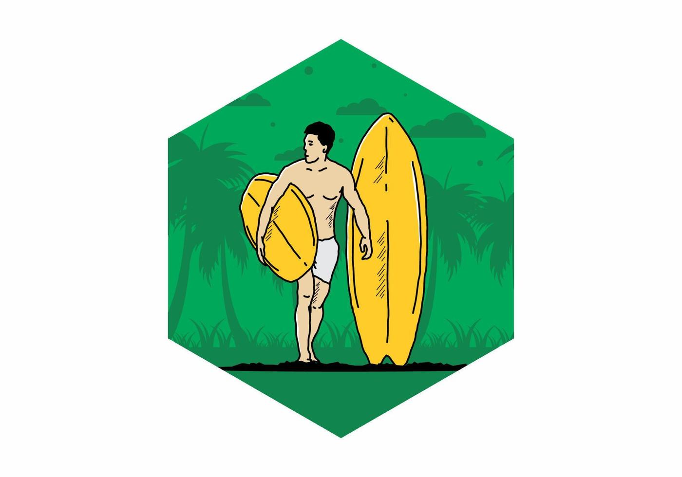 l'homme torse nu tenant une illustration de planche de surf vecteur