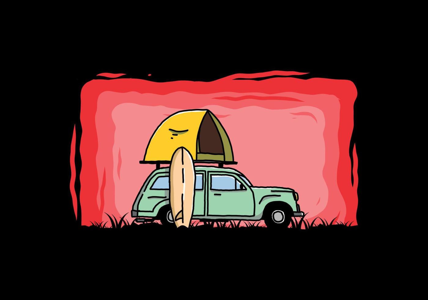illustration d'une voiture avec une tente de toit et une planche de surf sur le côté vecteur