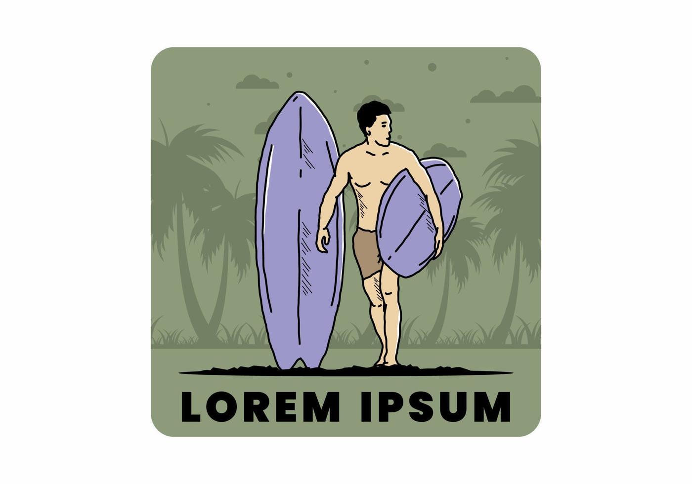 l'homme torse nu tenant une illustration de planche de surf vecteur