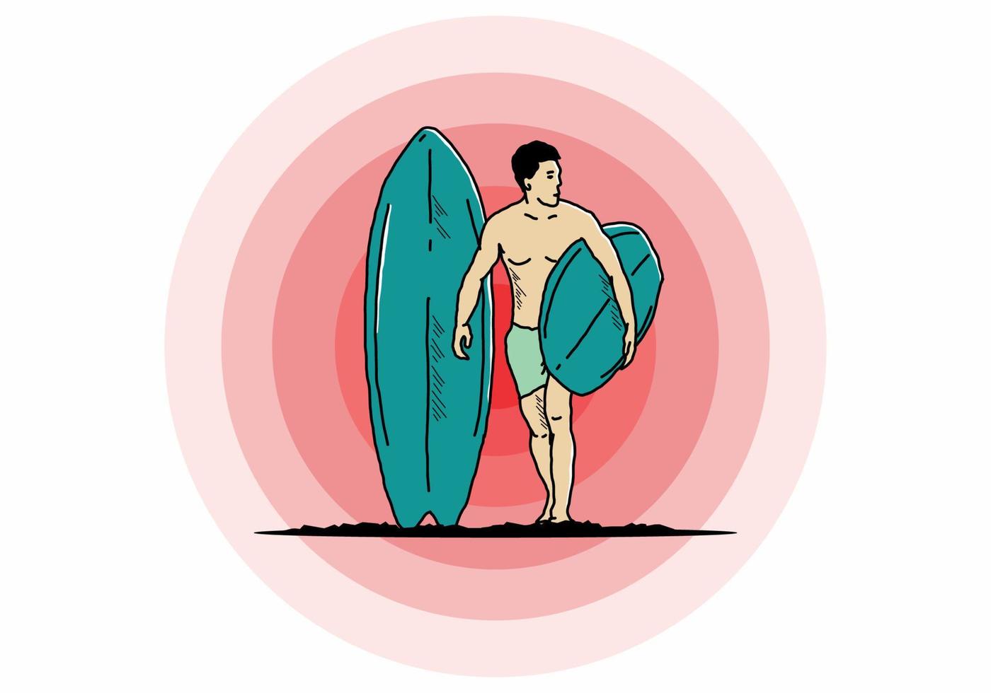 l'homme torse nu tenant une illustration de planche de surf vecteur