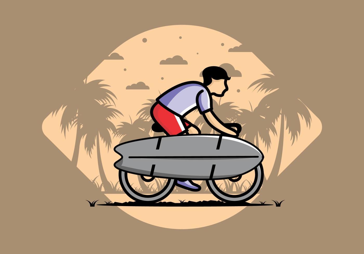 faire du vélo avec une illustration de planche de surf vecteur