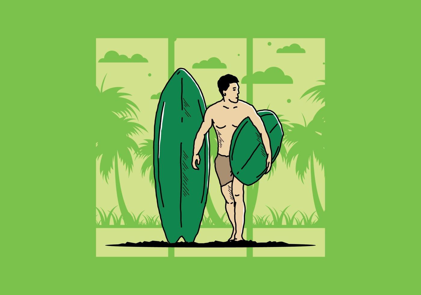 l'homme torse nu tenant une illustration de planche de surf vecteur