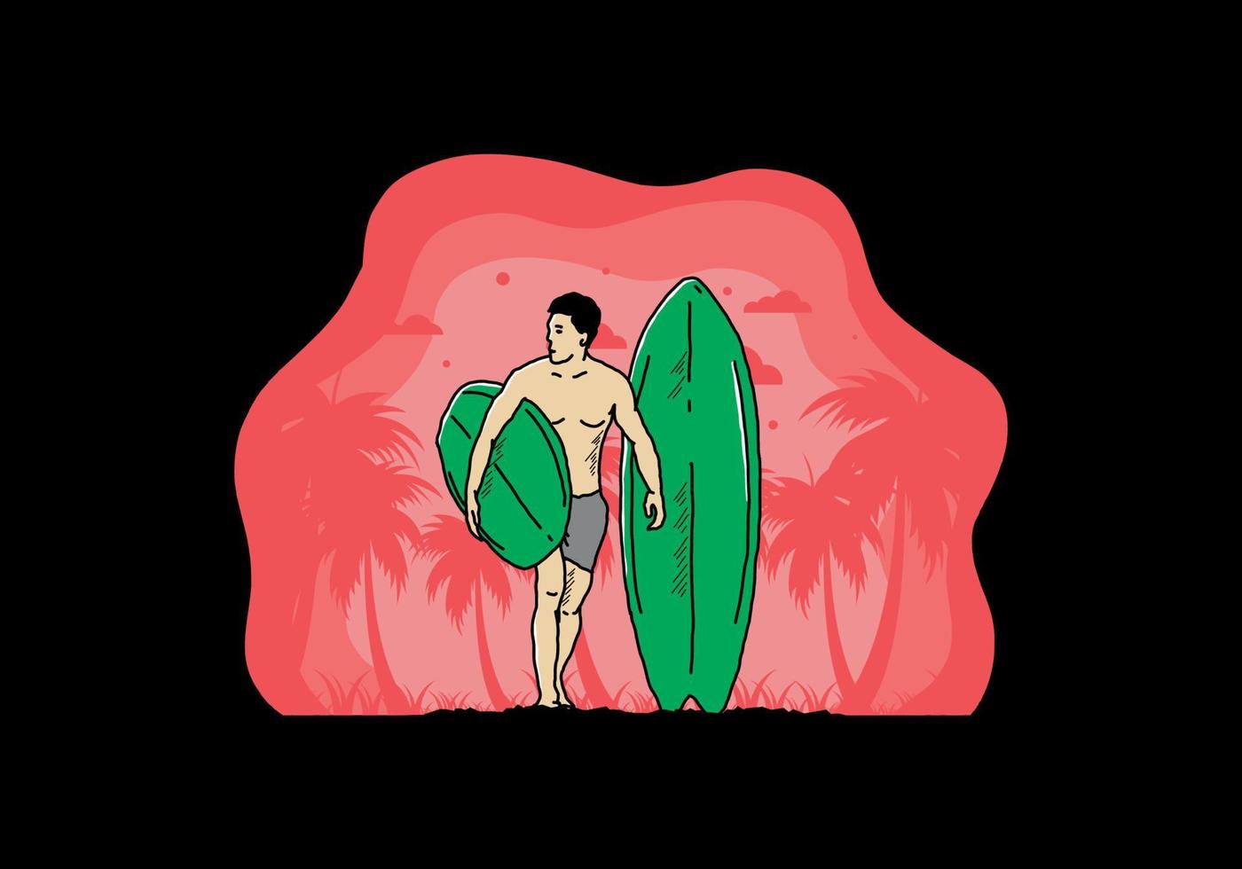 l'homme torse nu tenant une illustration de planche de surf vecteur