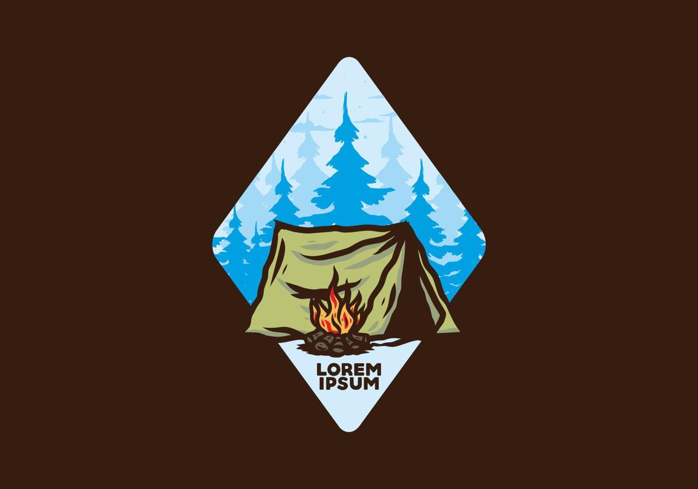 camping en forêt avec insigne d'illustration de feu de joie vecteur