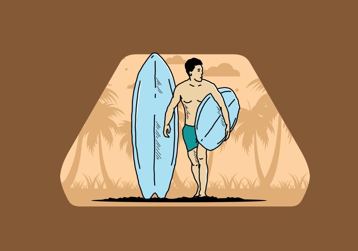 l'homme torse nu tenant une illustration de planche de surf vecteur