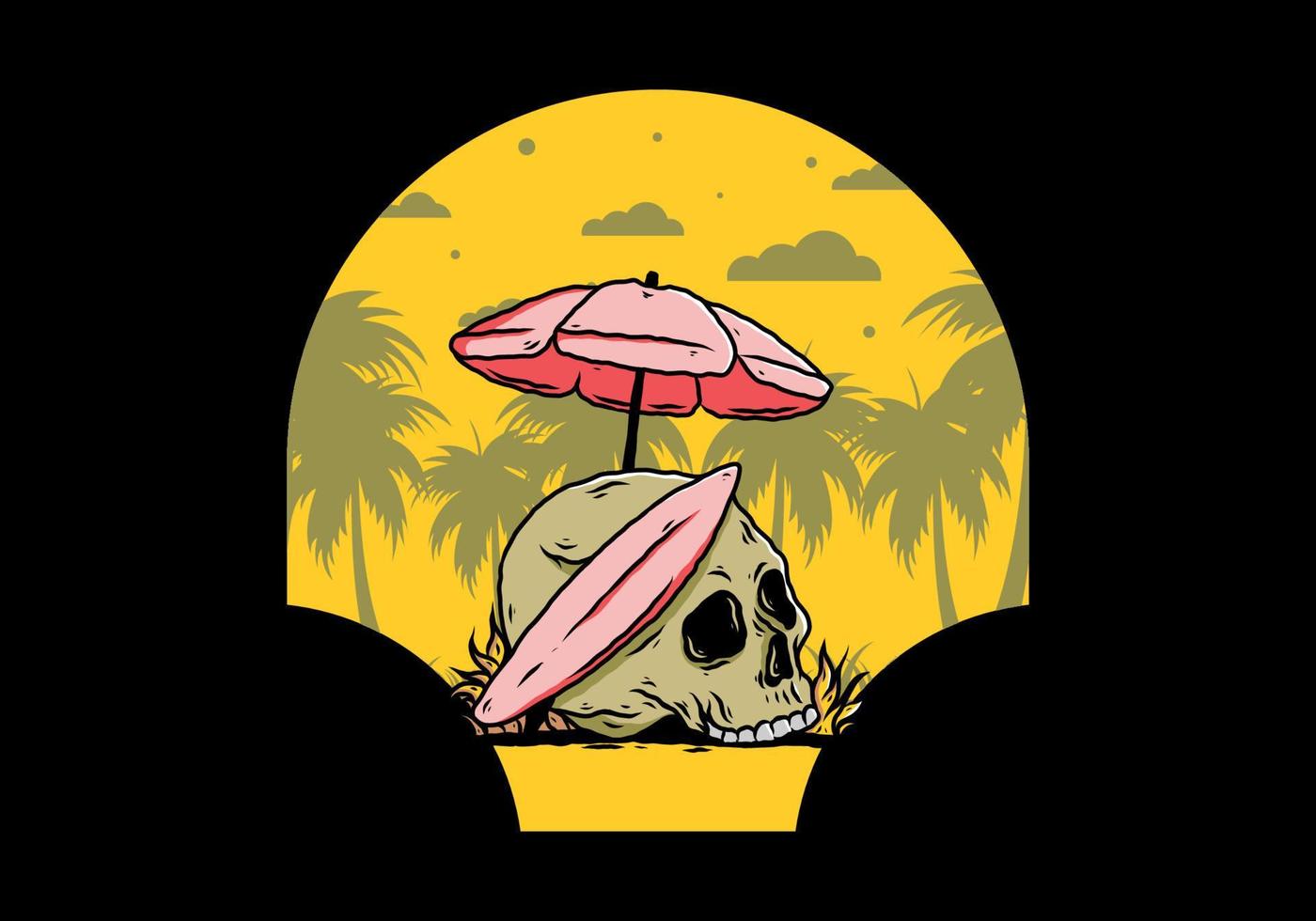 illustration du crâne avec une planche de surf sous un parasol vecteur