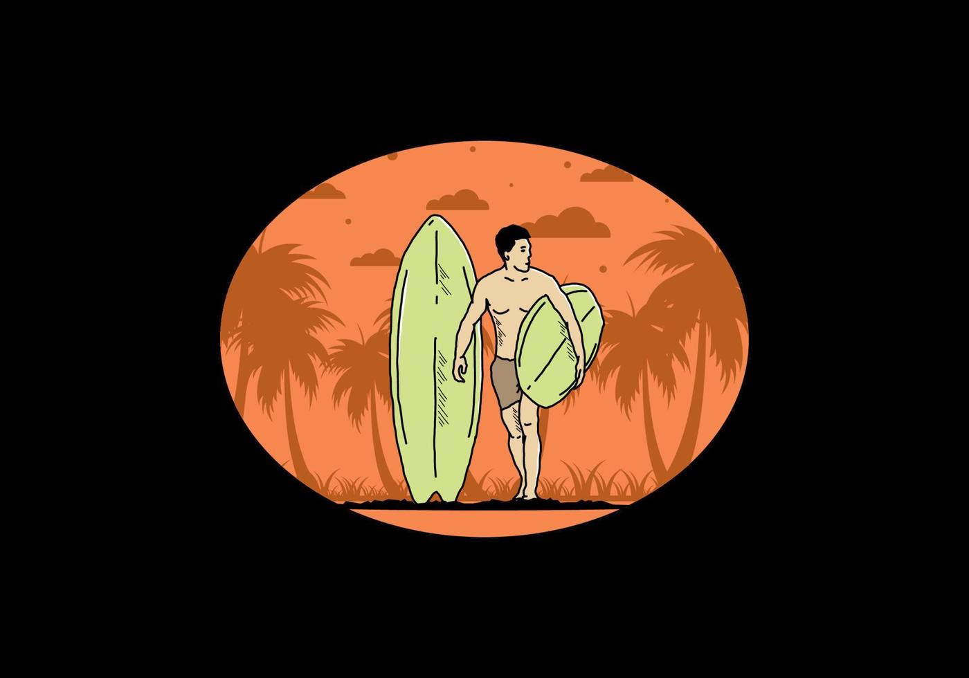 l'homme torse nu tenant une illustration de planche de surf vecteur