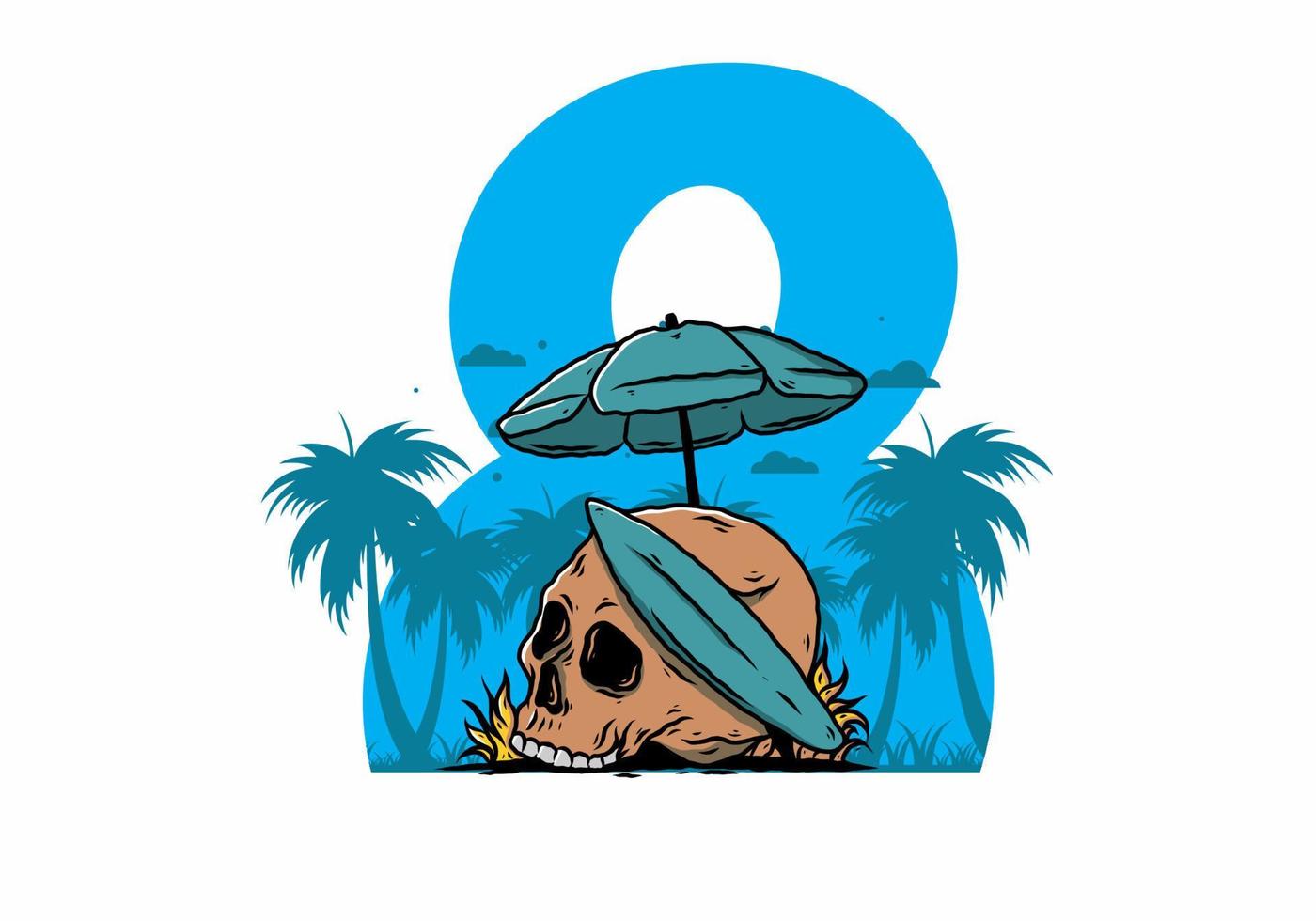 illustration du crâne avec une planche de surf sous un parasol vecteur