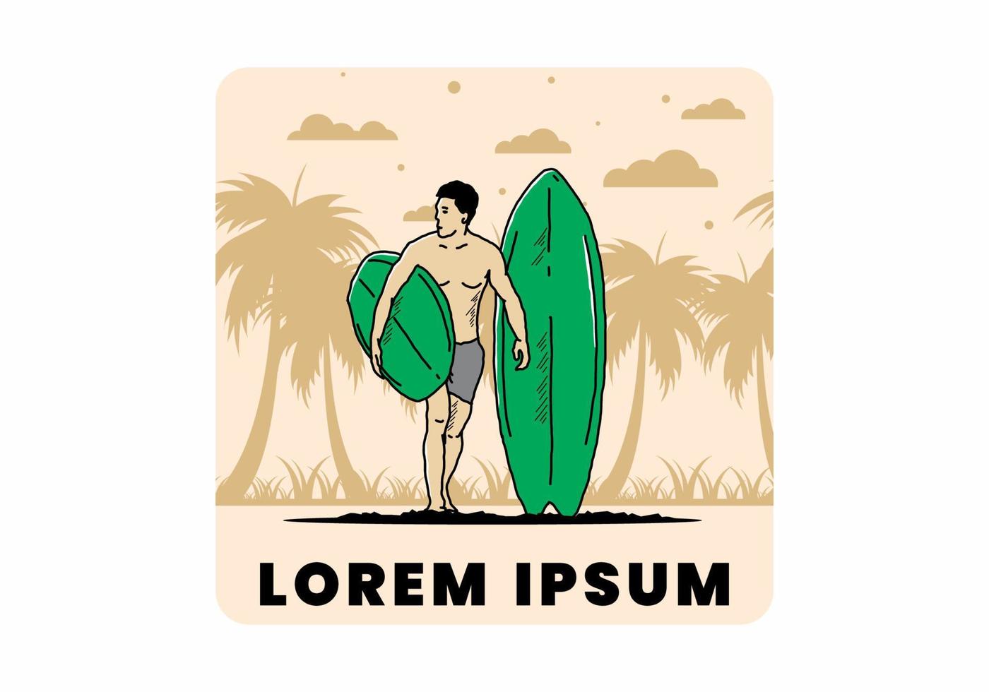 l'homme torse nu tenant une illustration de planche de surf vecteur