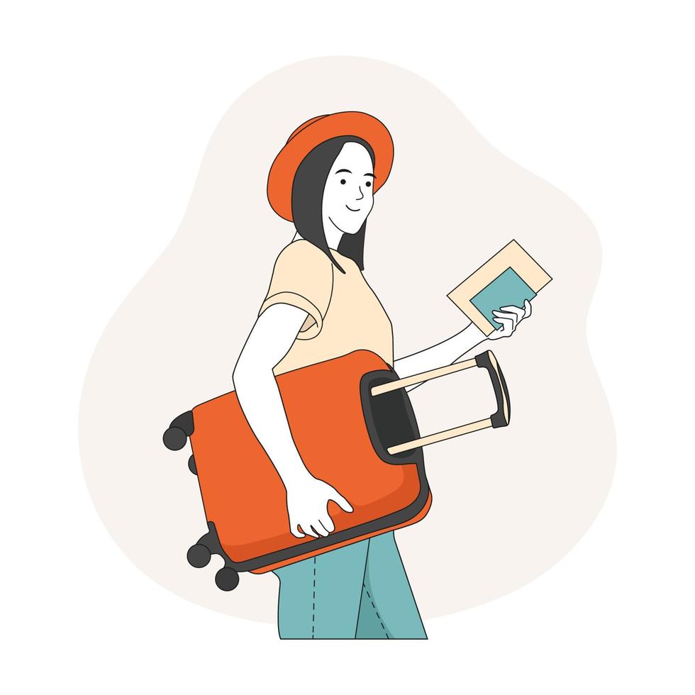 femme avec une valise à la main. notion de voyage. femme avec une valise et un passeport avec des billets d'embarquement. dessinés à la main dans un style de ligne mince, illustration vectorielle. vecteur