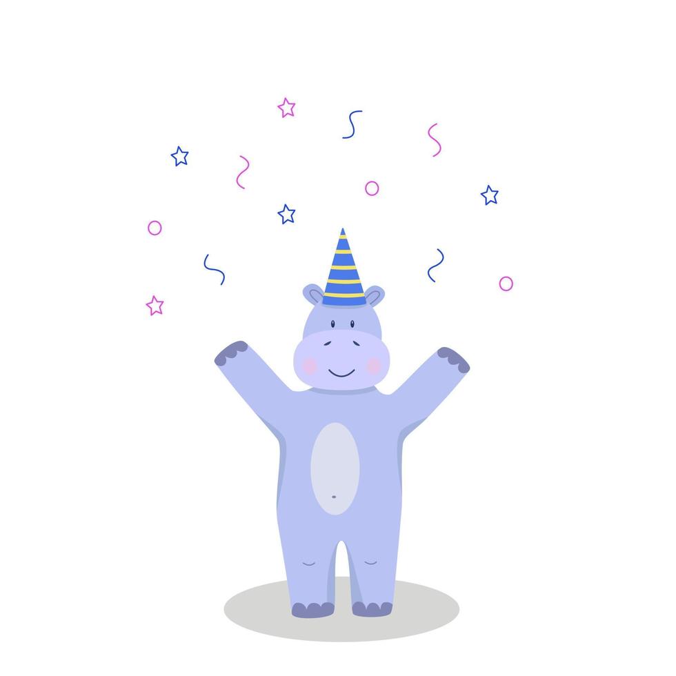 personnage d'hippopotame de dessin animé mignon dans un chapeau de fête et des confettis. illustration vectorielle isolée sur blanc. concept de fête d'anniversaire, des vacances pour les enfants vecteur