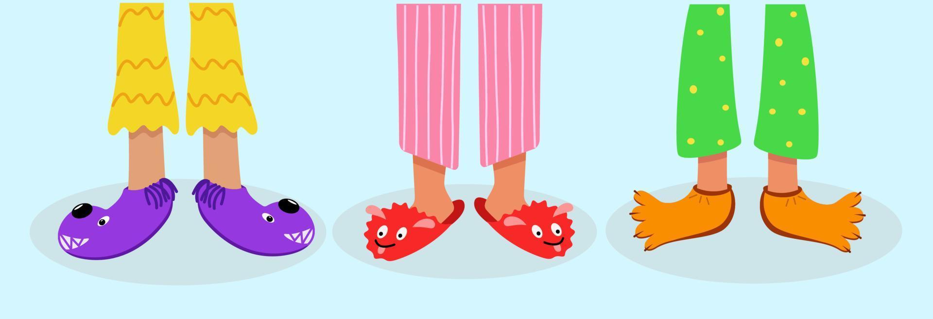 pieds d'enfants en pyjama coloré et pantoufles amusantes. illustration vectorielle de vêtements et chaussures de couchage à la maison. le concept d'une soirée pyjama vecteur