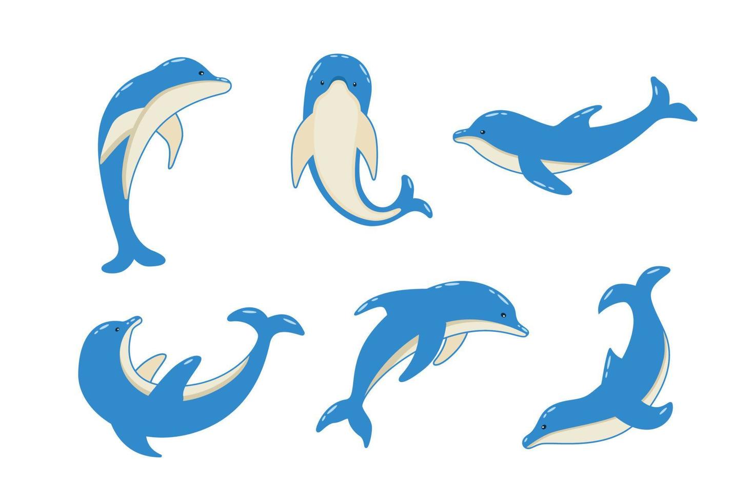 ensemble de dauphins de dessin animé dans différentes poses, illustration vectorielle d'animaux marins. les dauphins peints nagent vecteur