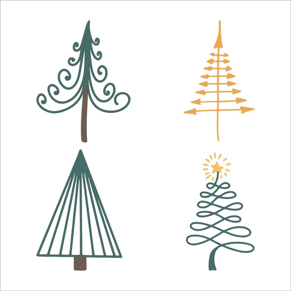 ensemble vectoriel d'arbres de Noël doodle. dessin à la main fond d'hiver avec sapin, décorations de noël, étoiles et flocons de neige. affiche de vacances de bonne année avec des symboles de noël. isolé sur blanc.