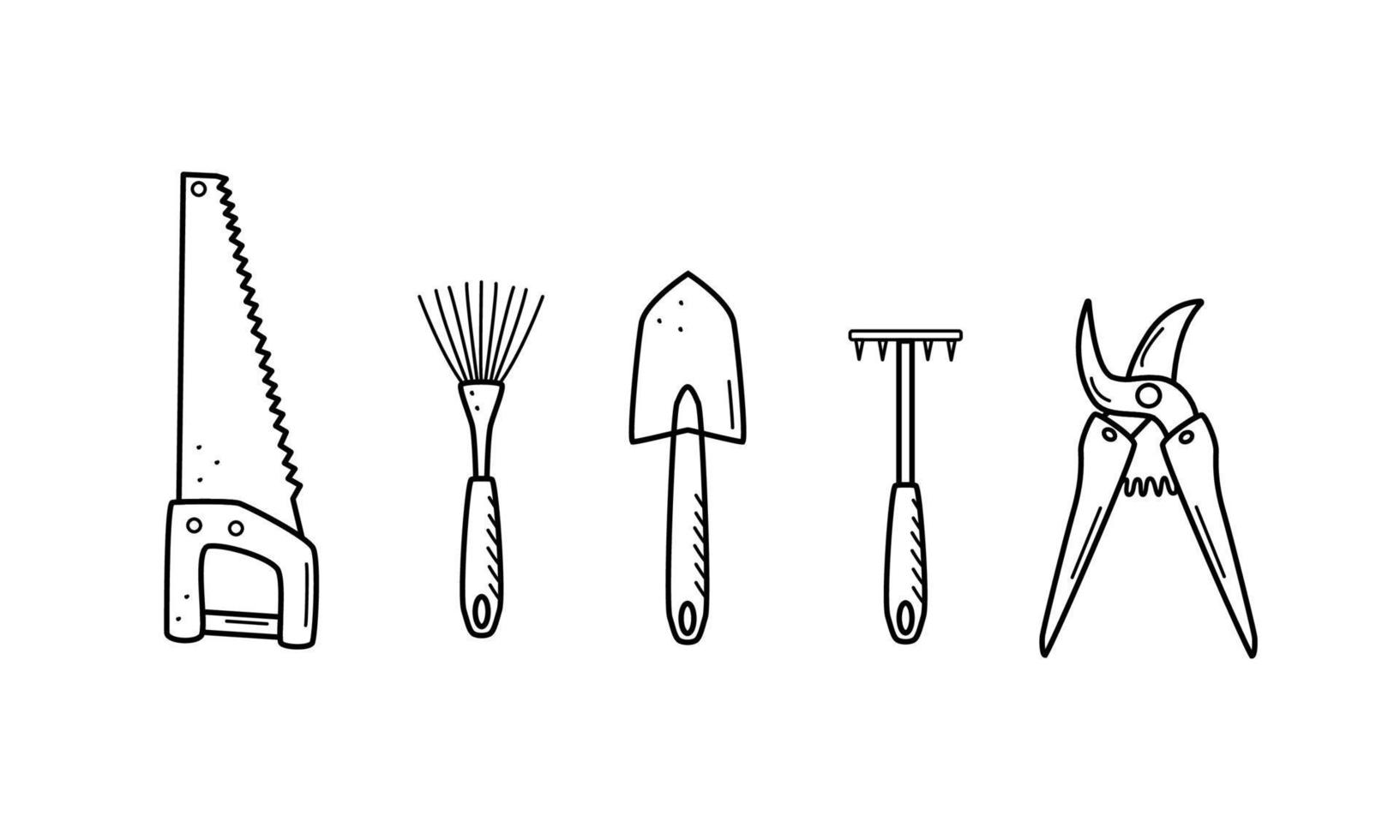 un ensemble d'outils pour le jardin. illustration vectorielle d'une pelle, d'une houe, d'un râteau, d'une scie à main et d'un sécateur. vecteur