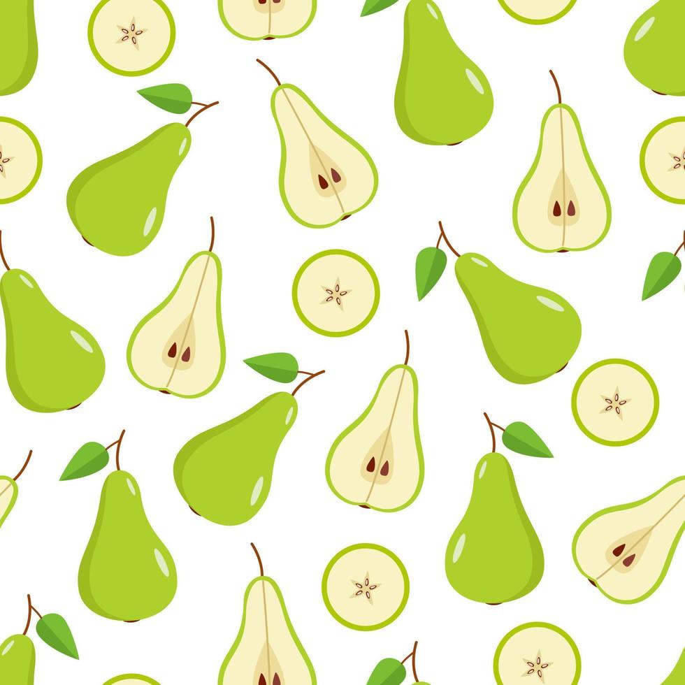 la poire verte à motif transparent est entière, la moitié et une tranche de poire sur fond blanc. illustration vectorielle de poires aux fruits juteux mûrs vecteur