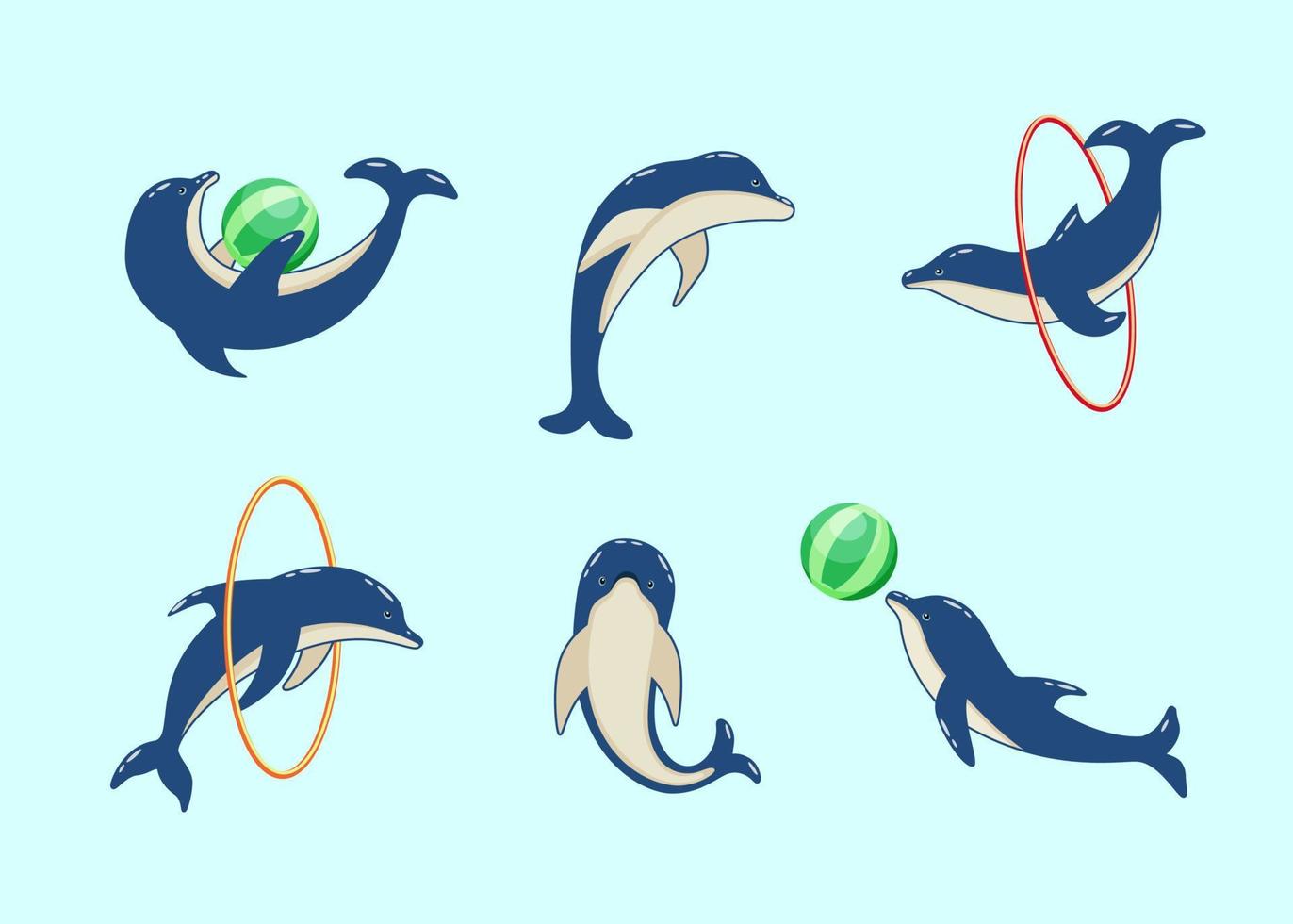 ensemble de dauphins de dessin animé dans différentes poses, illustration vectorielle d'animaux marins. les dauphins peints nagent et les joueurs dans le delphinarium vecteur